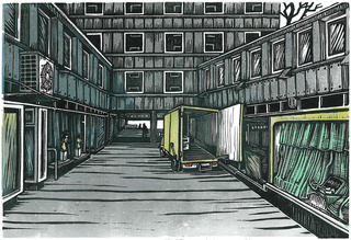 Downtown Courtyard, Klosterwall (linocut, 2011)