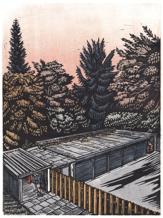 Boxer in garage yard, linocut, 2024